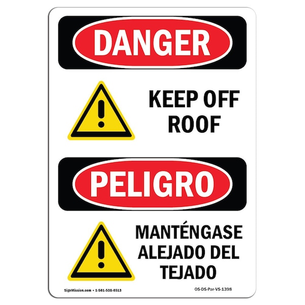 Safety Sign, OSHA Danger, 5" Height, Keep Off Roof Bilingual Spanish, 10PK